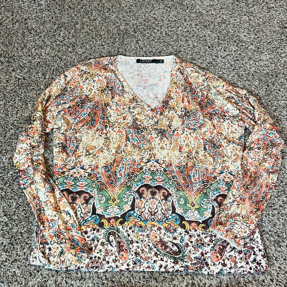 Lauren Ralph Lauren Paisley Print V Neck Long Sleeve Sweater Top Women's Size L